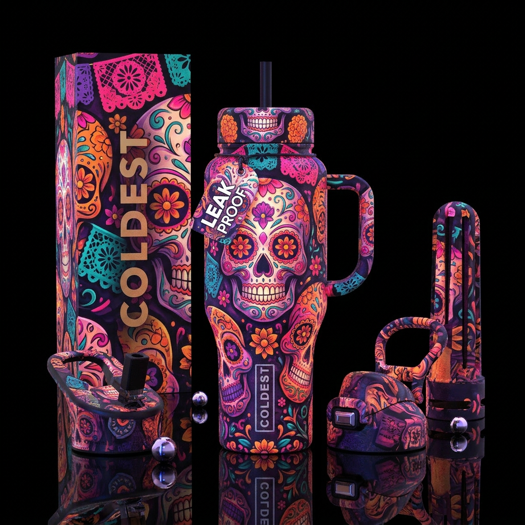 Sugar skulls,  day of the dead,  beautiul,  glowie water bottle design