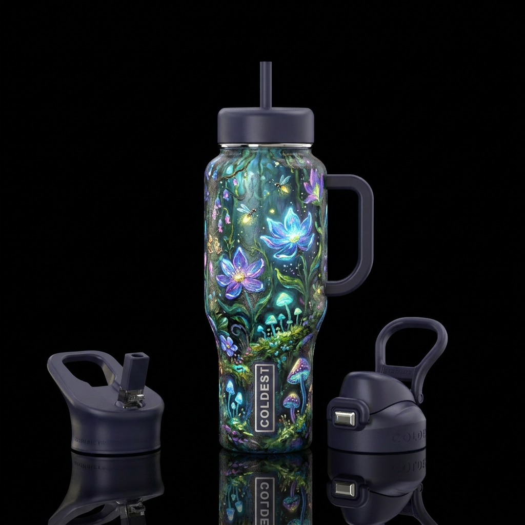secret garden, glowie, oil painted water bottle design