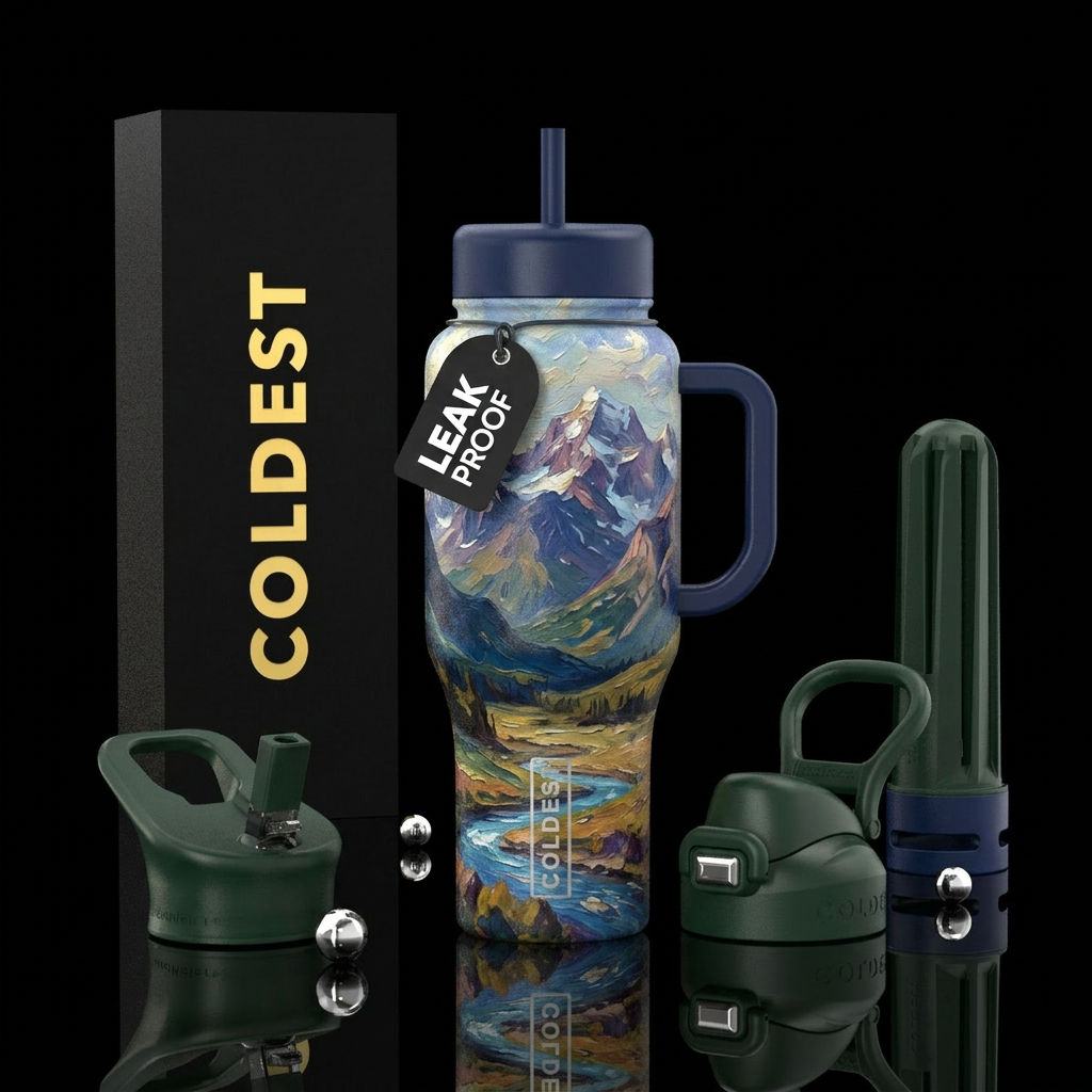 Landscape,  mountains and river, oil painted water bottle design
