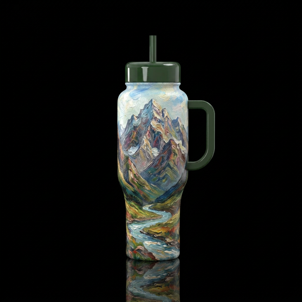Landscape,  mountains and river, oil painted water bottle design