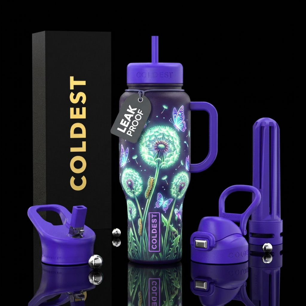Dandelion blooming with caterpillars and butterfli... water bottle design