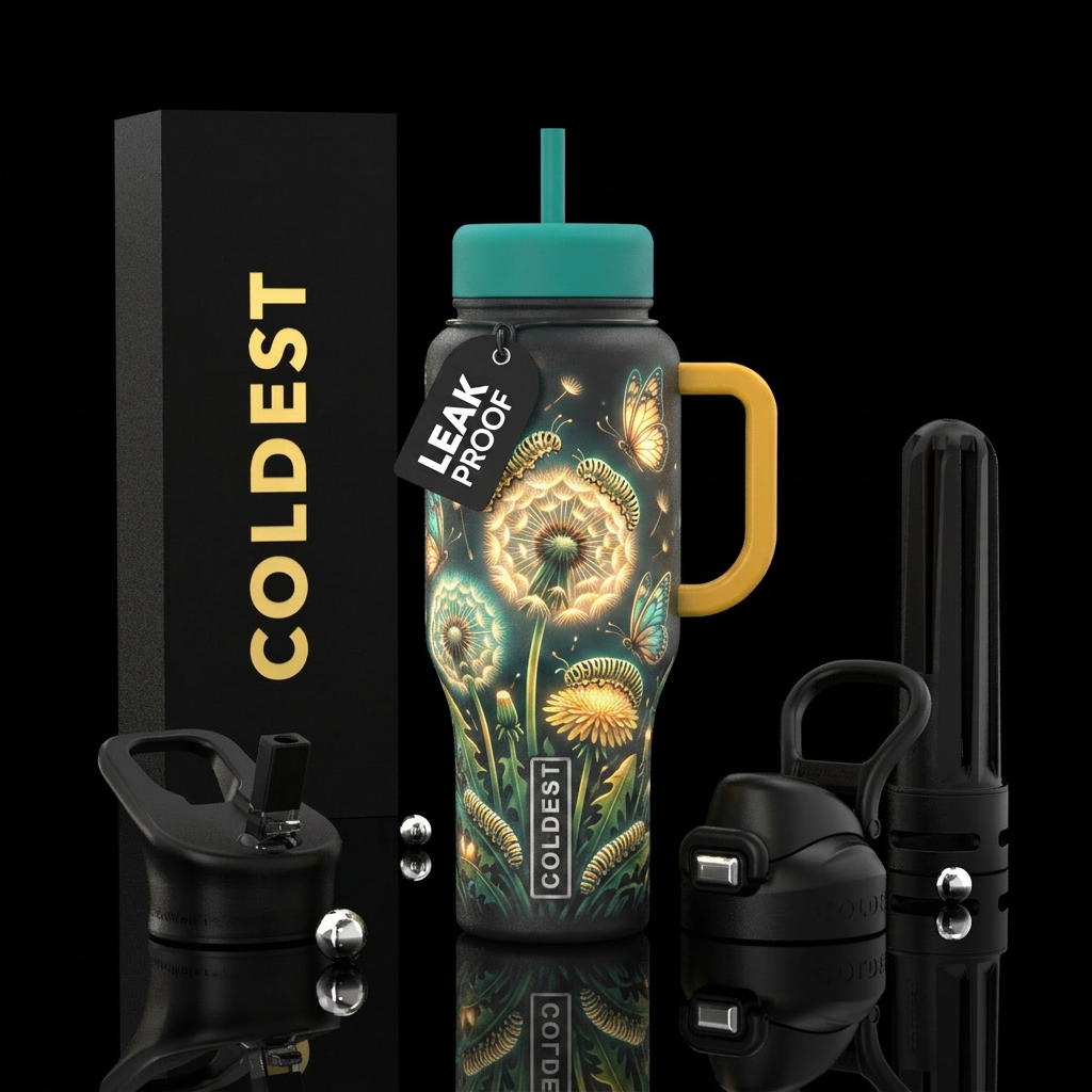 Dandelion blooming with caterpillars and butterfli... water bottle design
