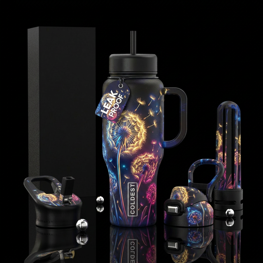 Dandelions with some  blowing ,glowie, water bottle design