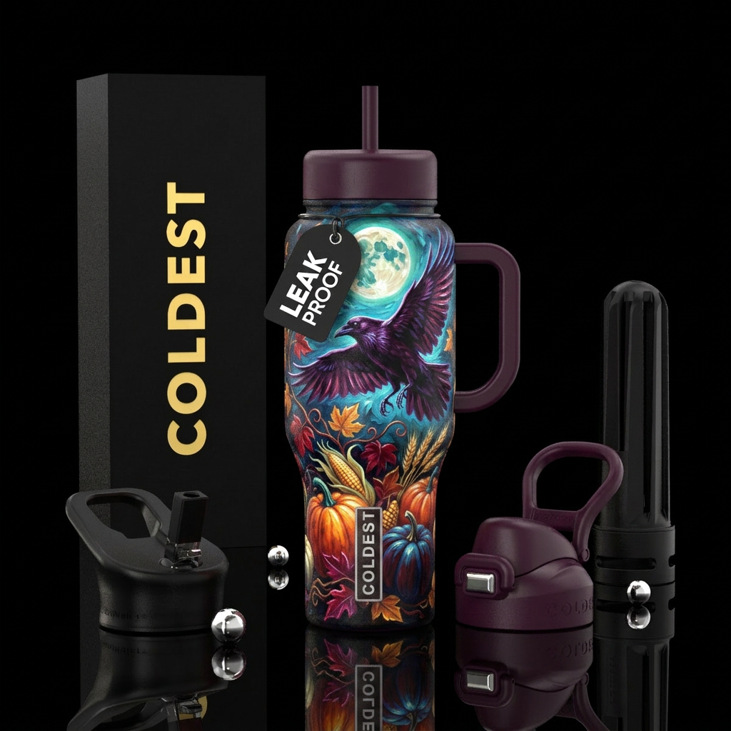 raven,  autumn harvest, glowie,  full moon, oil pa... water bottle design
