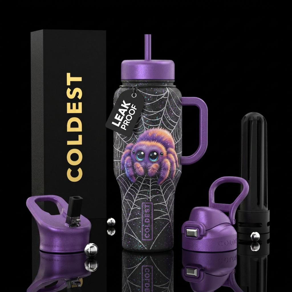 Cute fuzzy spider with big pretty eyes , sitting o... water bottle design