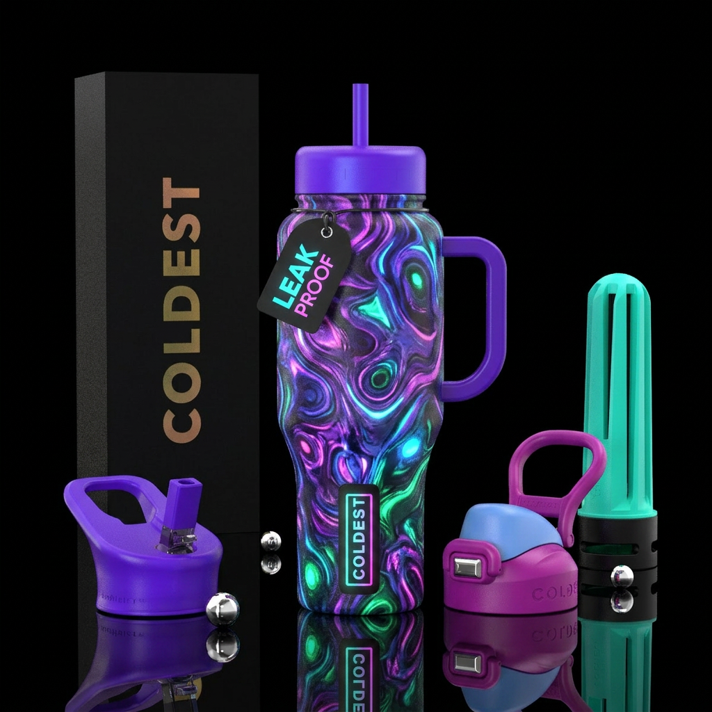 vibrant, abstract, enchanted, glowie water bottle design