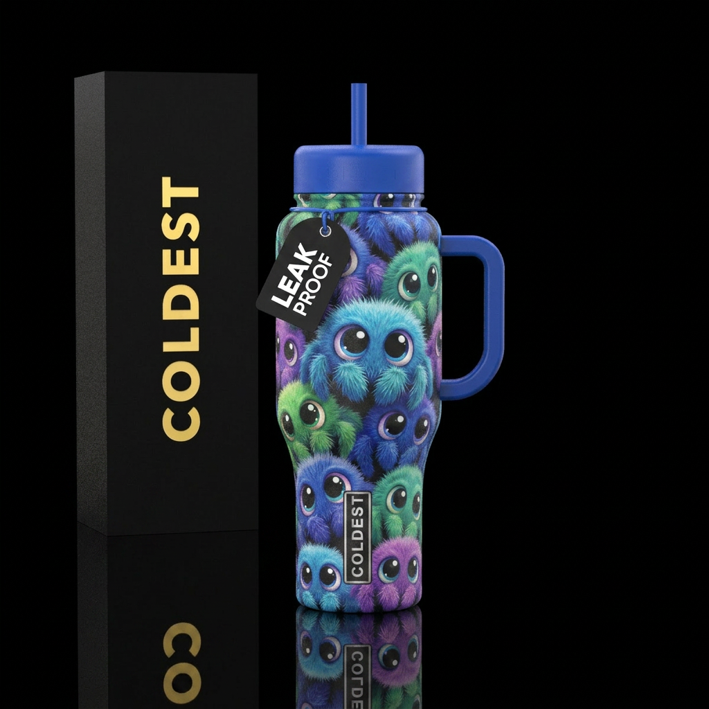 Small cute fuzzy spider with big eyes water bottle design