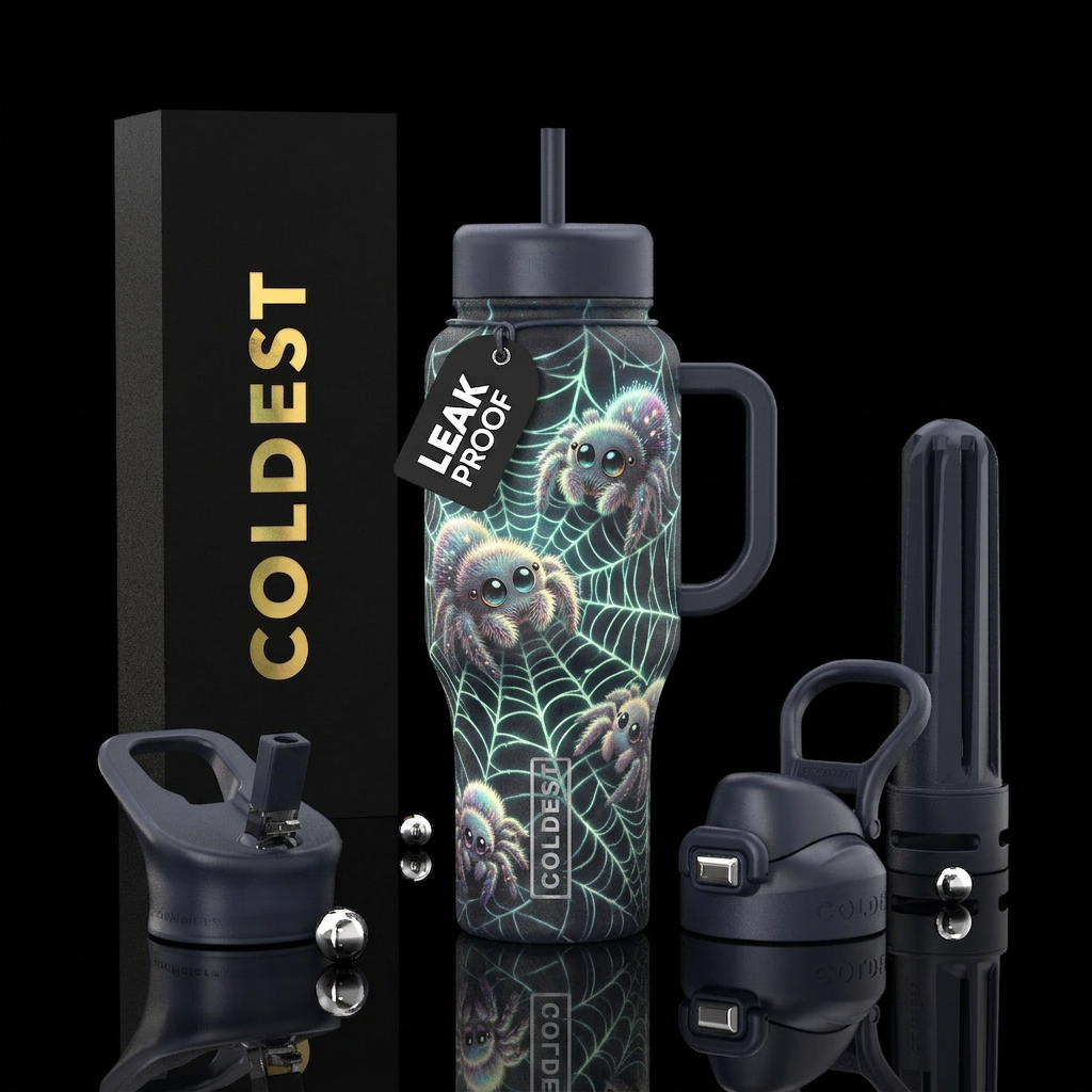 Cute little Charming fuzzy spiders with big eyes, ... water bottle design