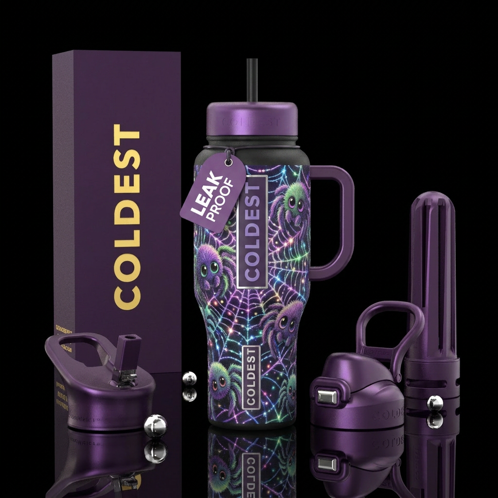 Cute little Charming fuzzy spiders with big eyes, ... water bottle design