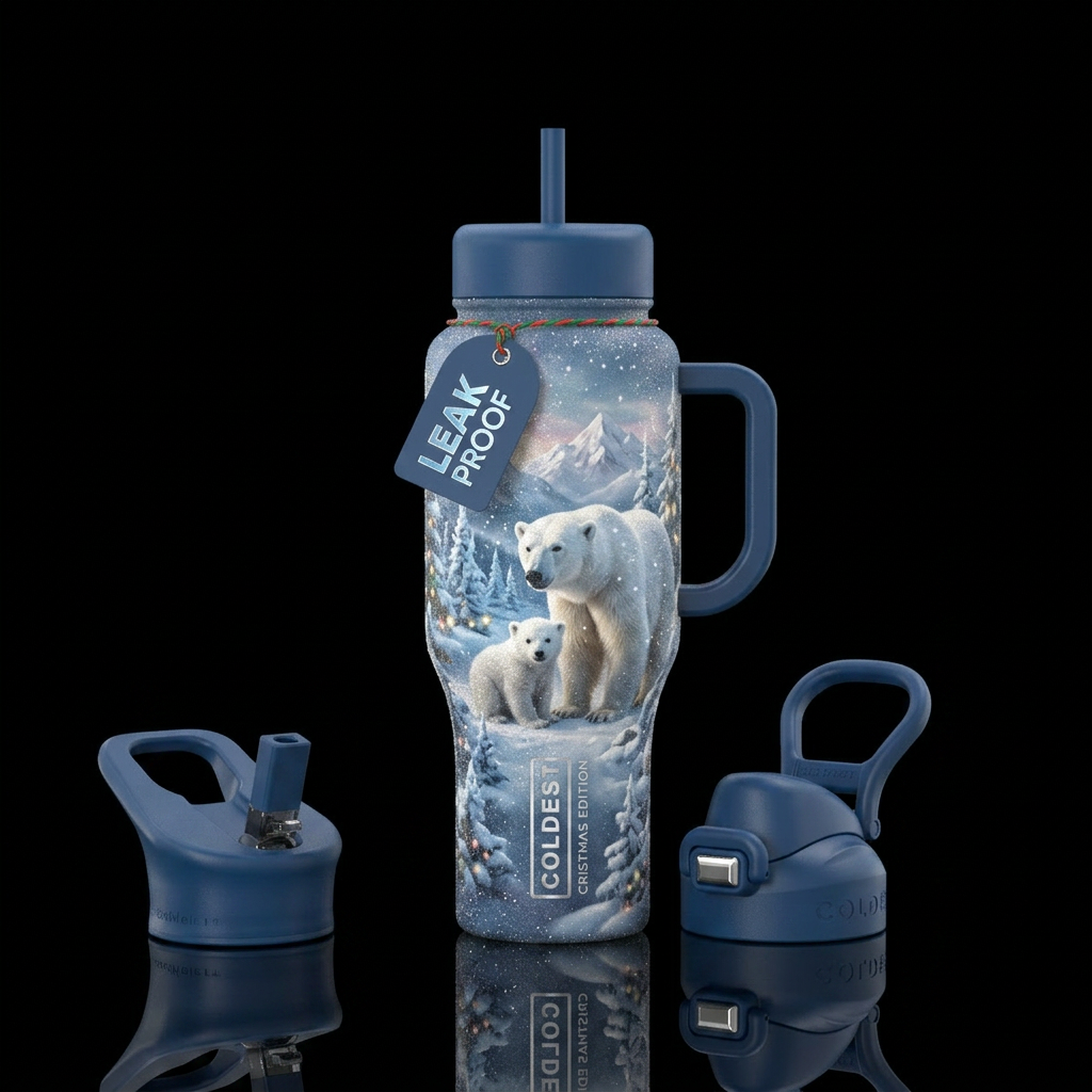 Polar bear,  winter wonderland,  Christmas, sparkl... water bottle design