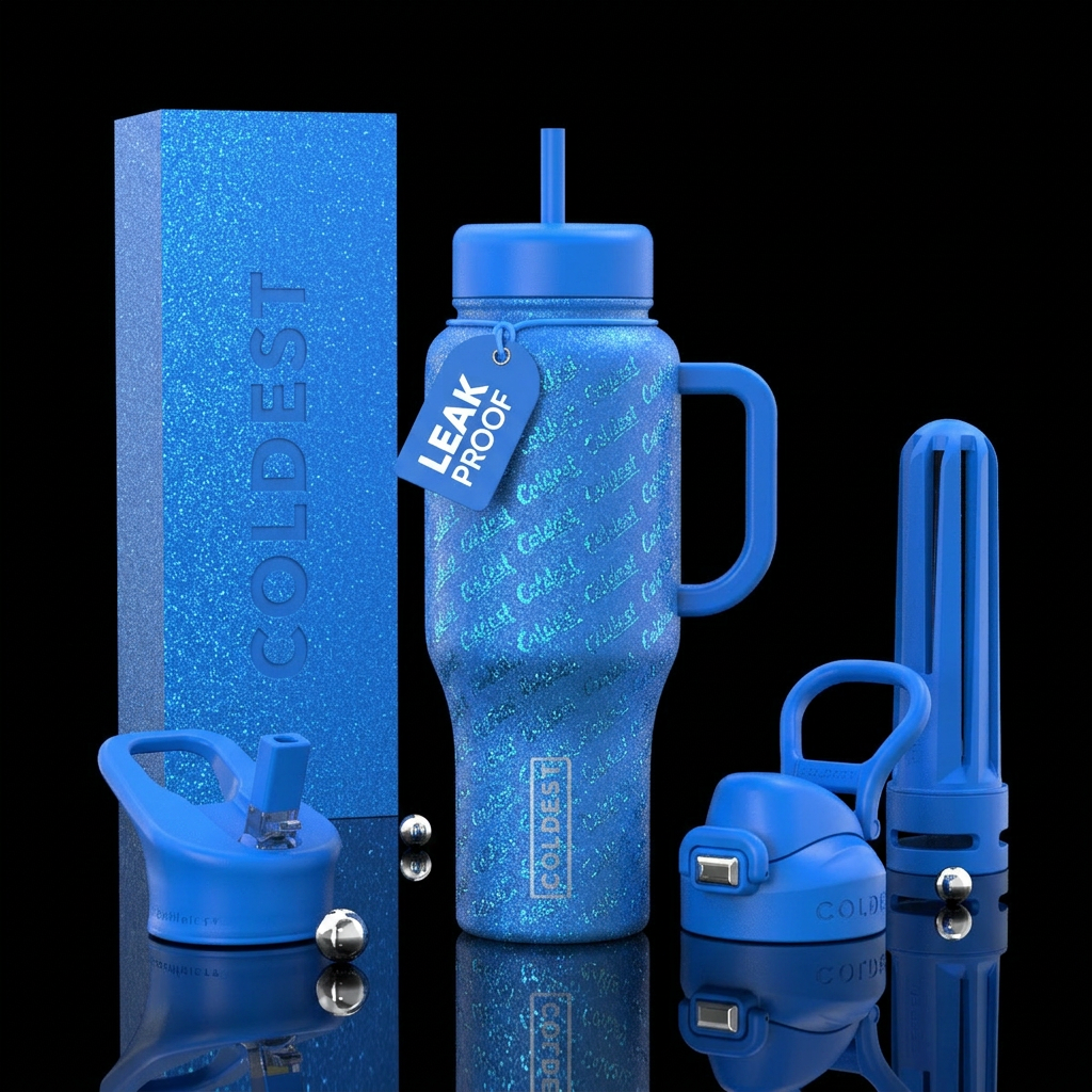 Little coldest logos all over ,, whimsical , blue ... water bottle design