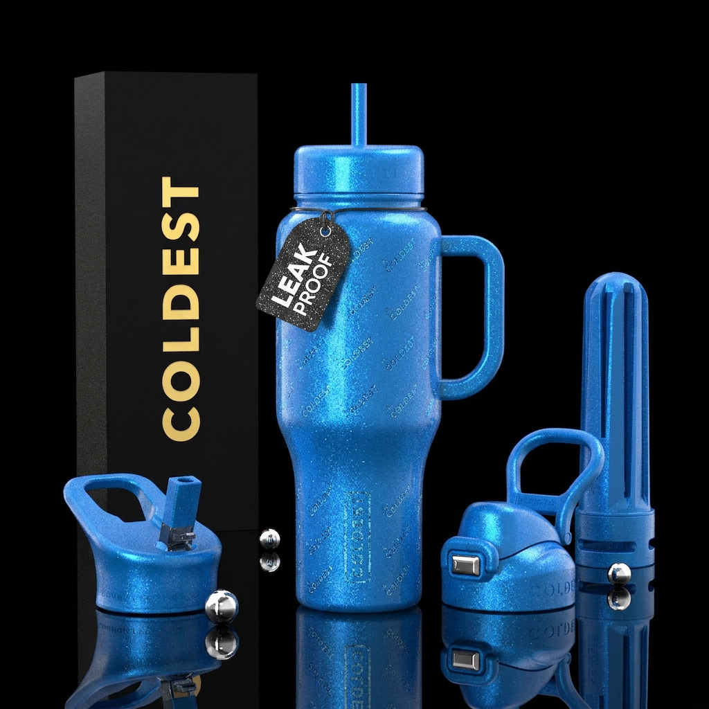 Little coldest logos all over ,, whimsical , blue ... water bottle design