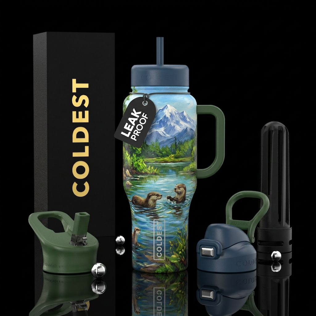 Pond, otters,  mountain in the background, oil pai... water bottle design