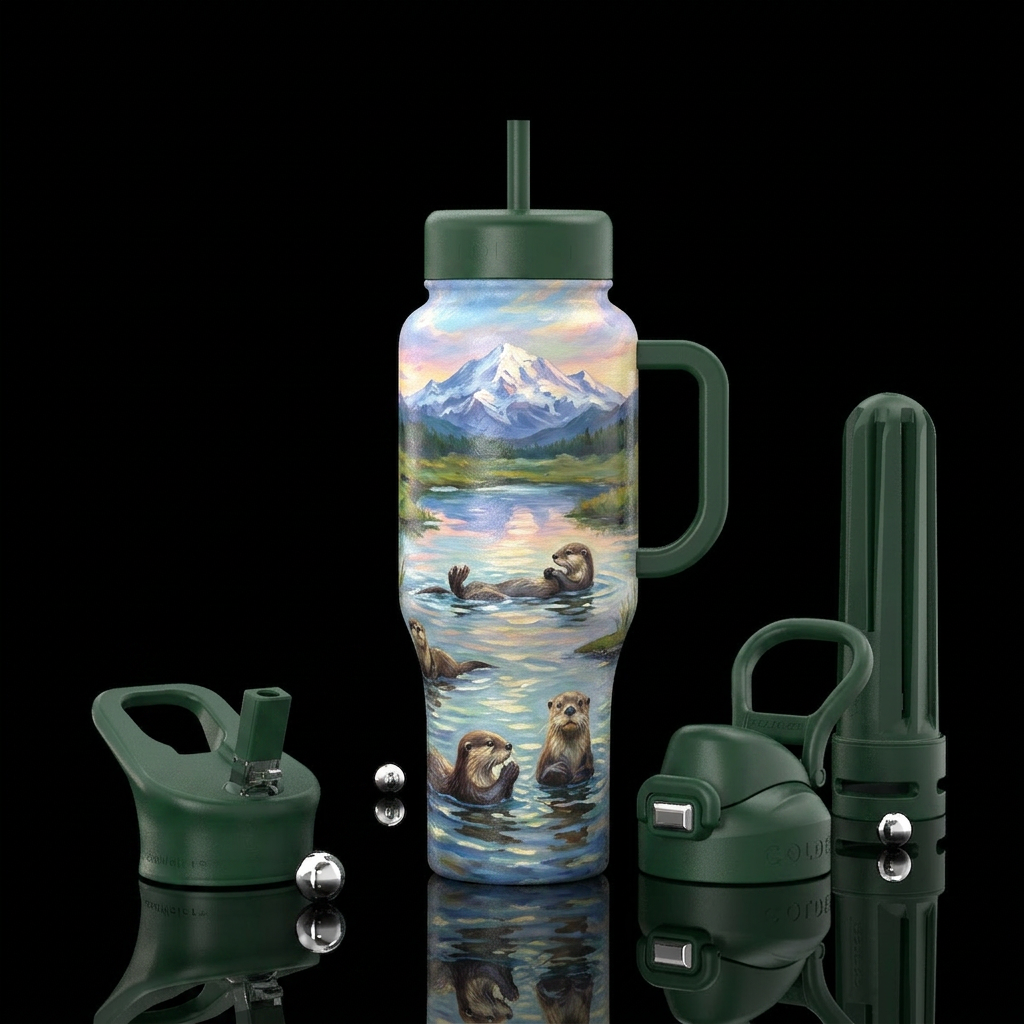 Pond, otters,  mountain in the background, oil pai... water bottle design