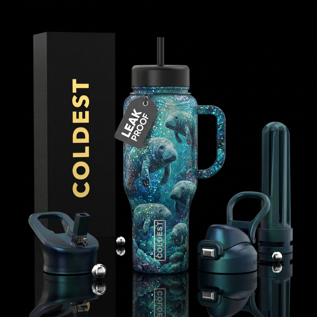 Manatees, underwater,, sparkly, beautiul, peaceful water bottle design