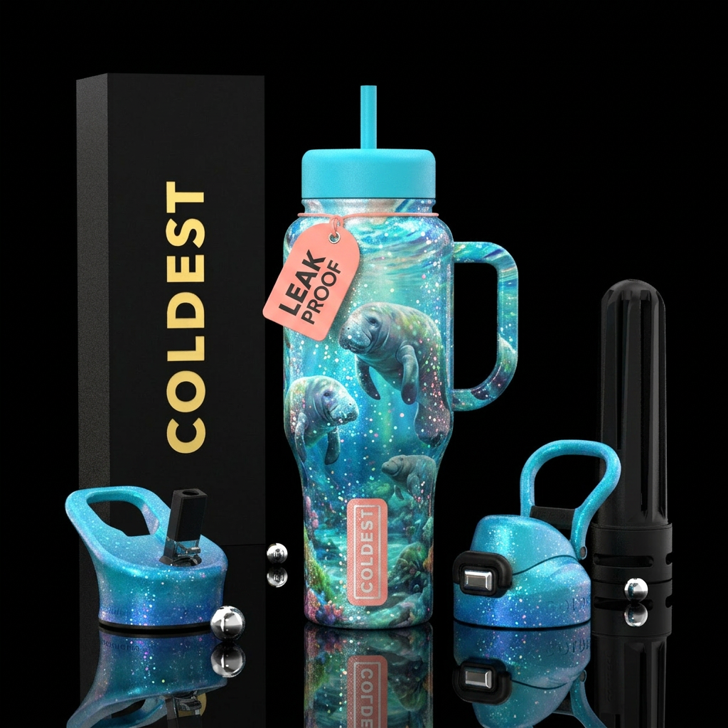Manatees, underwater,, sparkly, beautiul, peaceful water bottle design