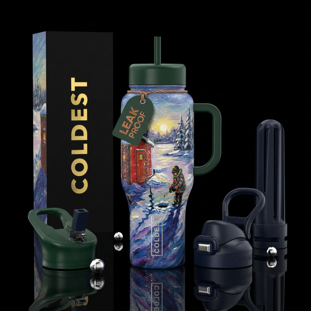 Ice fishing, sparkly, oil painted water bottle design