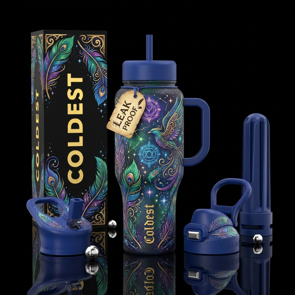 Feather and quill, magic, magical, fantasy, whimsi... water bottle design