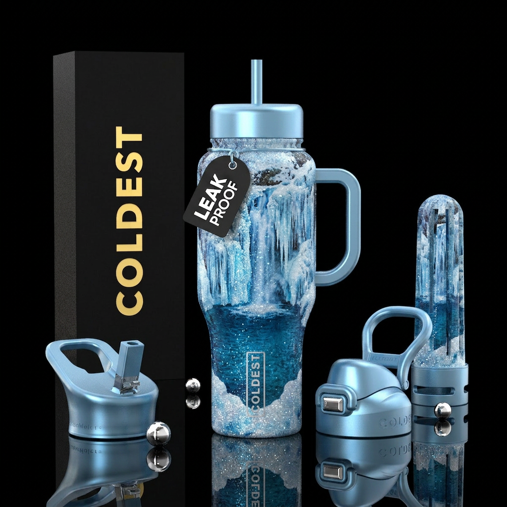 Winder, waterfall , snowy,, sparkly water bottle design