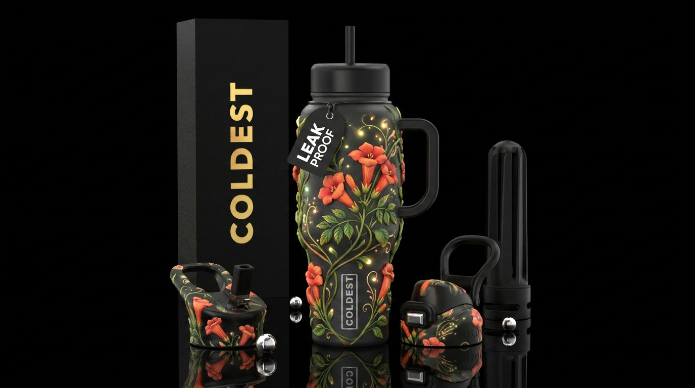 Trumpet vines,  flowers,, fantasy, beautiul water bottle design