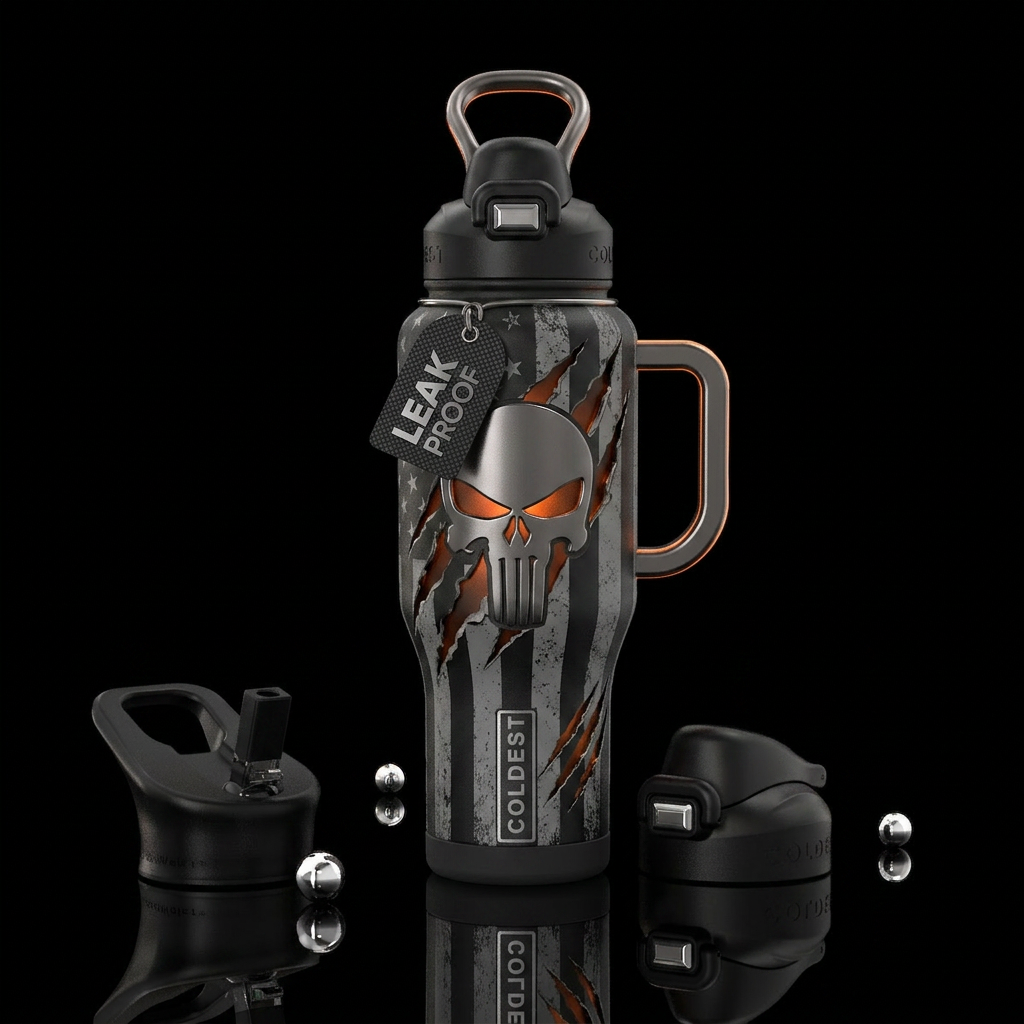 Matte black base, gunmetal silver accents,  burnt ... water bottle design