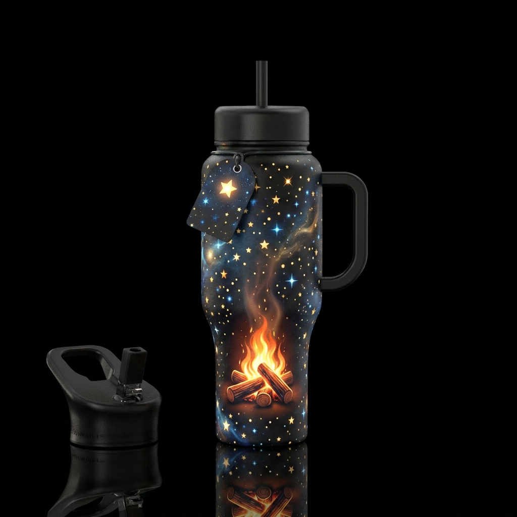 Black bottle,  stars , glowie,  campfire water bottle design