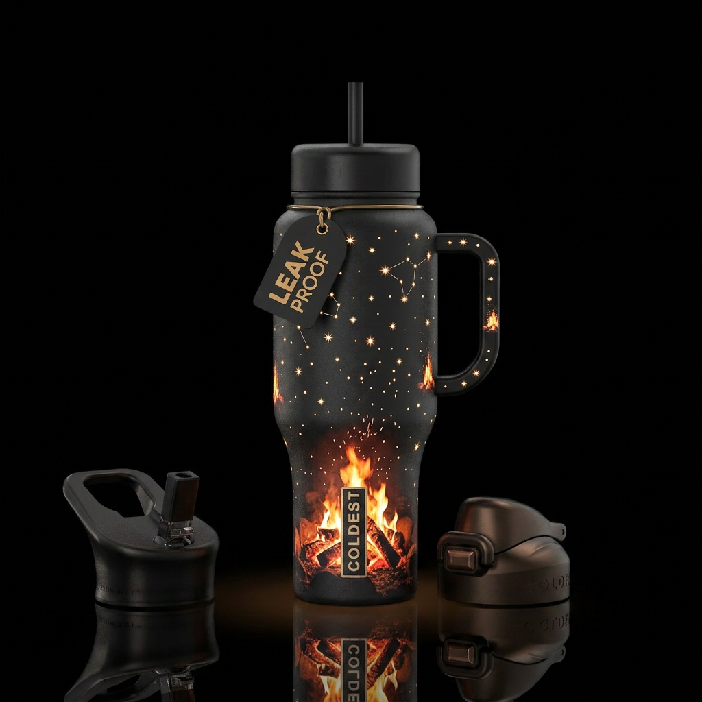 Black bottle,  stars , glowie,  campfire water bottle design