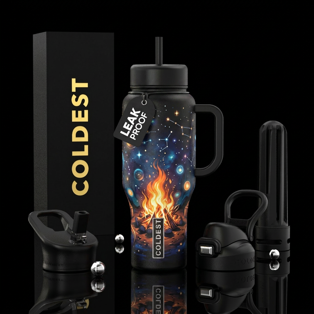 Black bottle,  stars , glowie,  campfire water bottle design