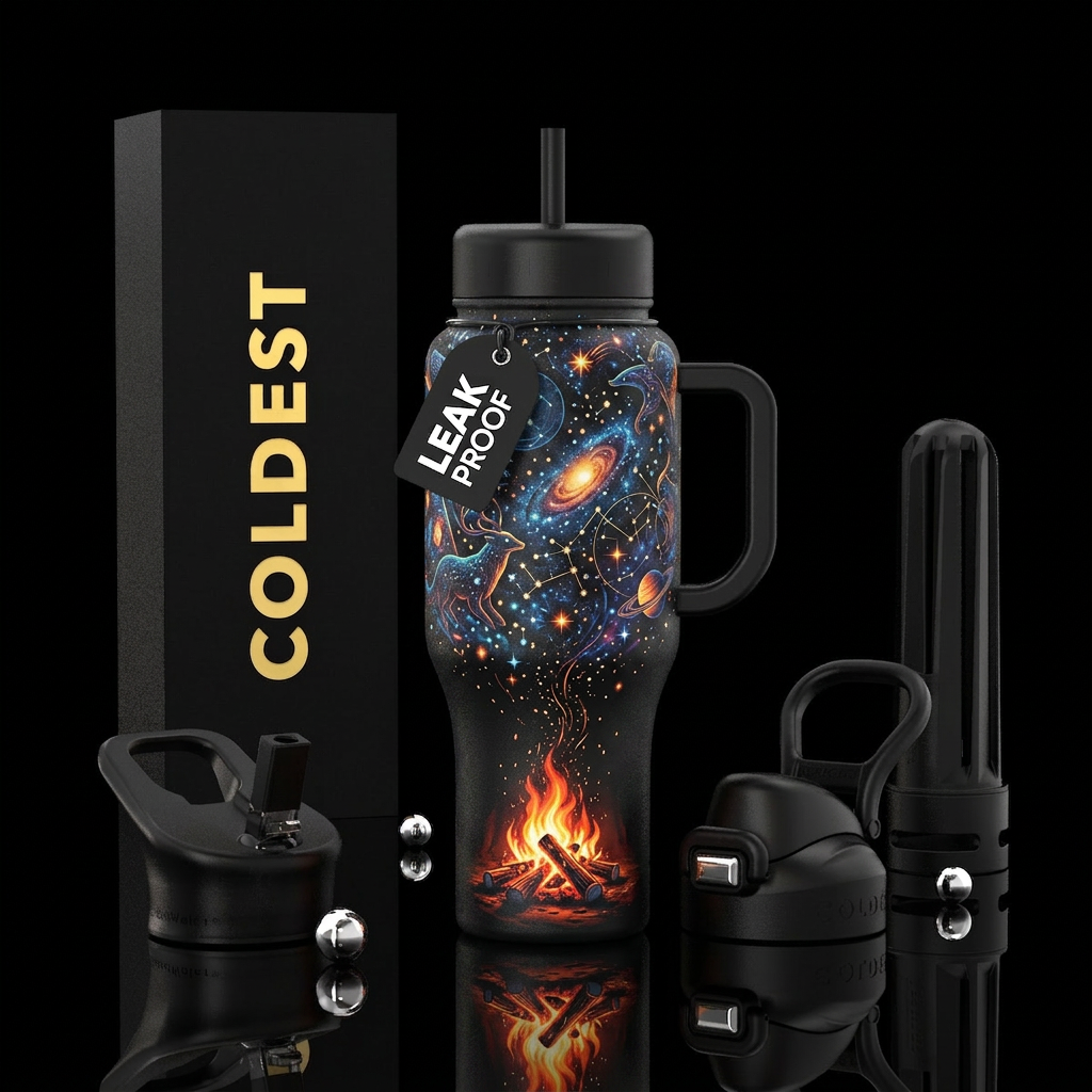 Black bottle,  stars , glowie,  campfire water bottle design