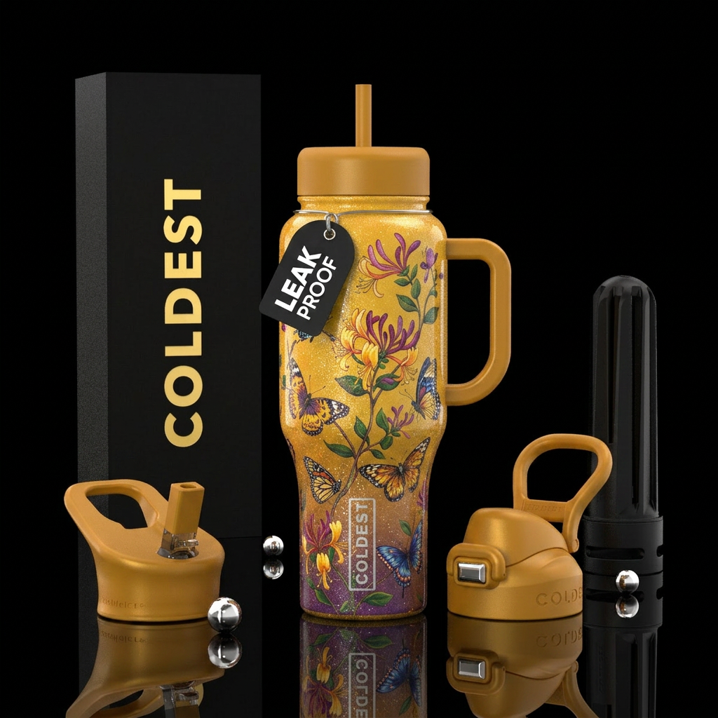 Honeysuckle, sparkly,  butterflies water bottle design