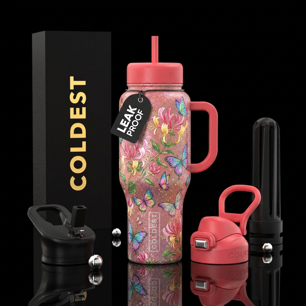 Honeysuckle, sparkly,  butterflies water bottle design