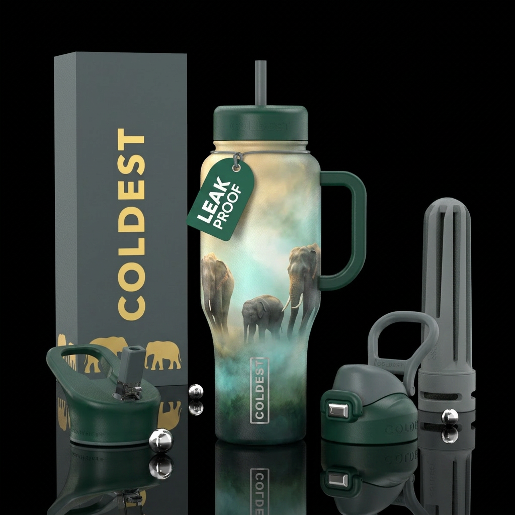 Elephants, foggy morning water bottle design