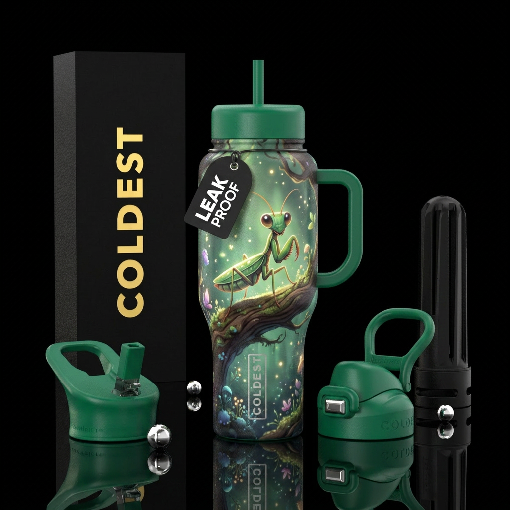 Cute mantis on a tree branch,, fantasy, sparkly, w... water bottle design