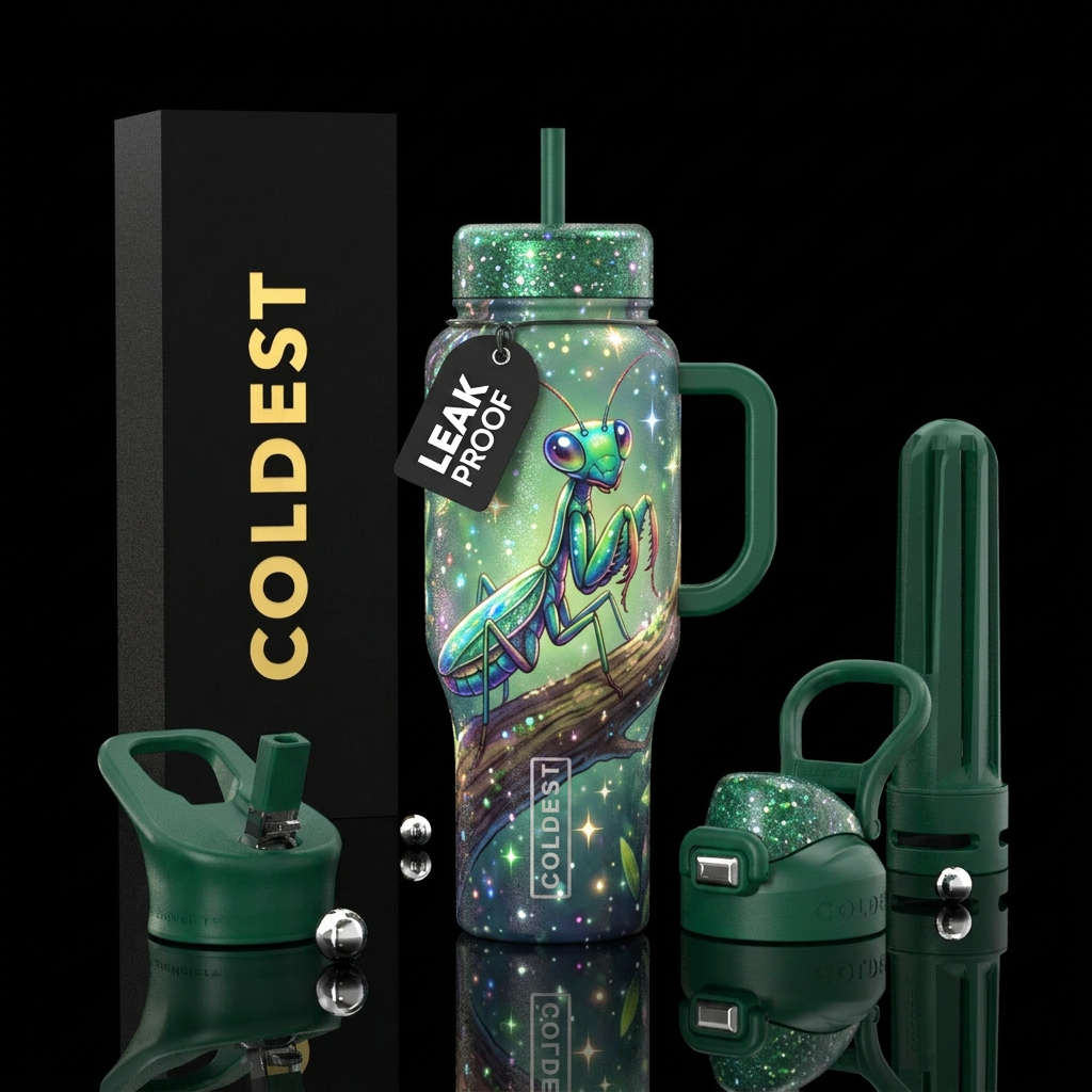 Cute mantis on a tree branch,, fantasy, sparkly, w... water bottle design