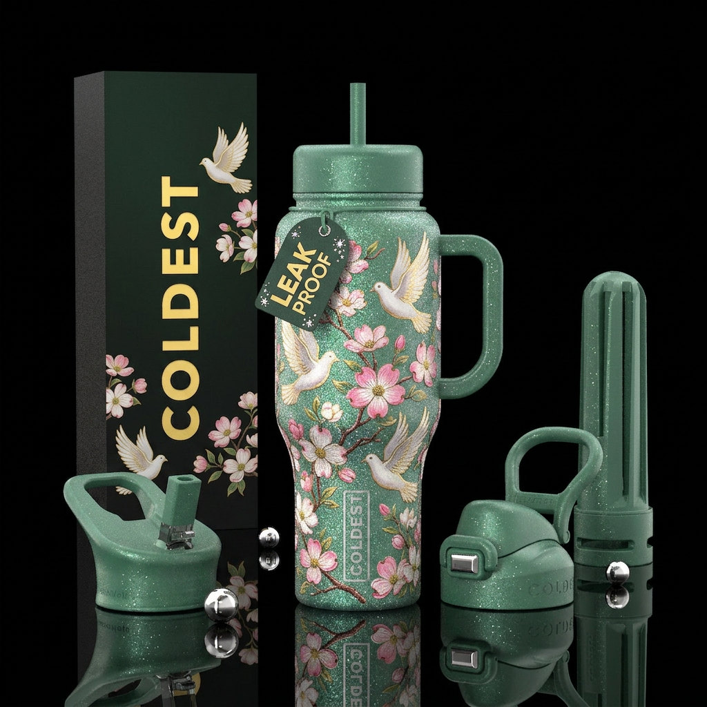 Dogwood and doves, sparkly, whimsical water bottle design