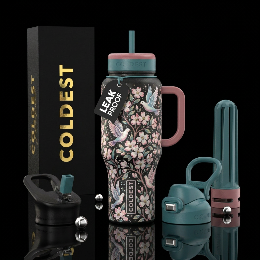 Dogwood and doves, sparkly, whimsical water bottle design