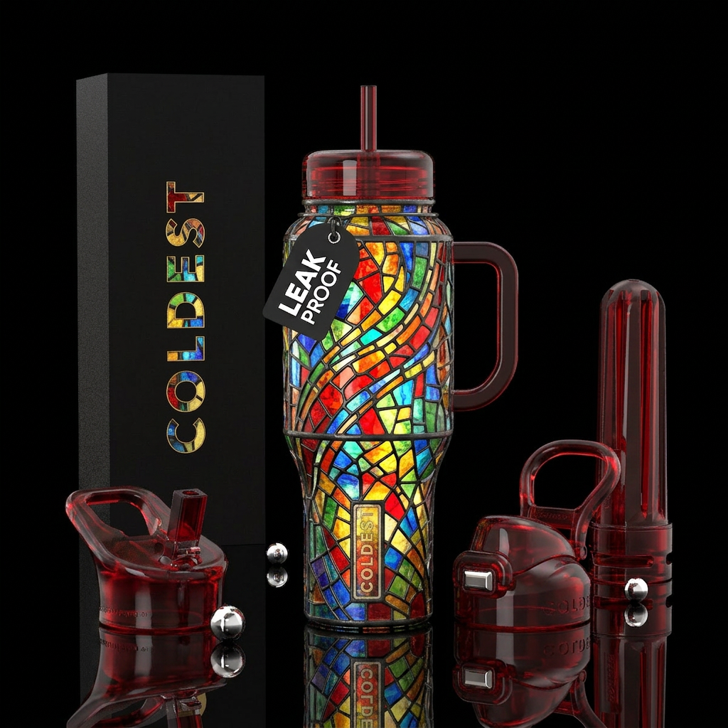 stained glass,, european water bottle design