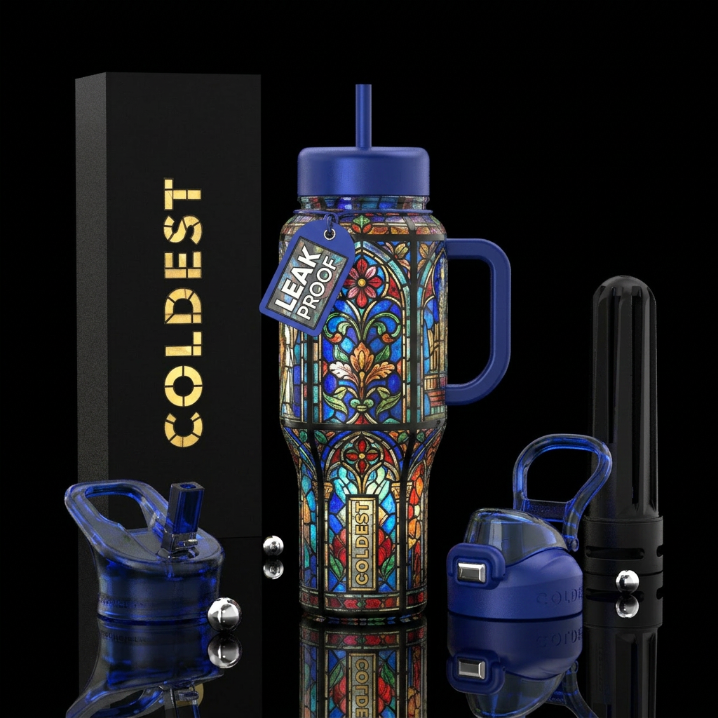 stained glass,, european water bottle design
