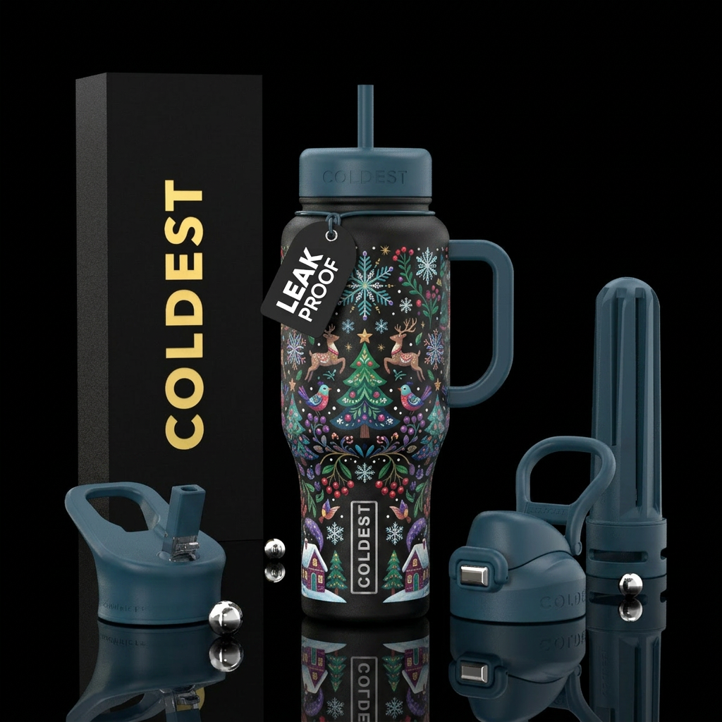 folk art, winter wonderland water bottle design