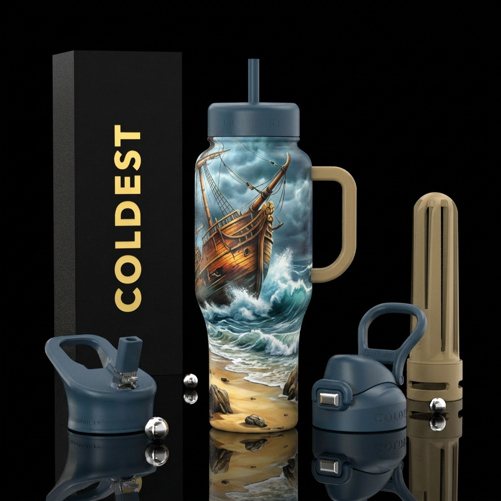 shipwreck, stormy sea,  beach water bottle design