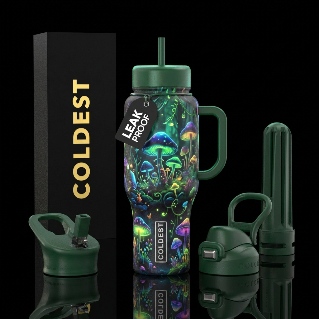 whimsical forest , mushrooms,  glowie, water bottle design