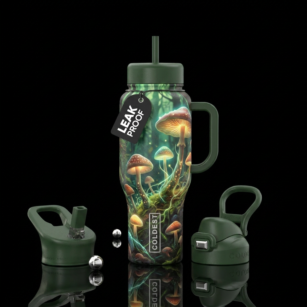 whimsical forest , mushrooms,  glowie, water bottle design