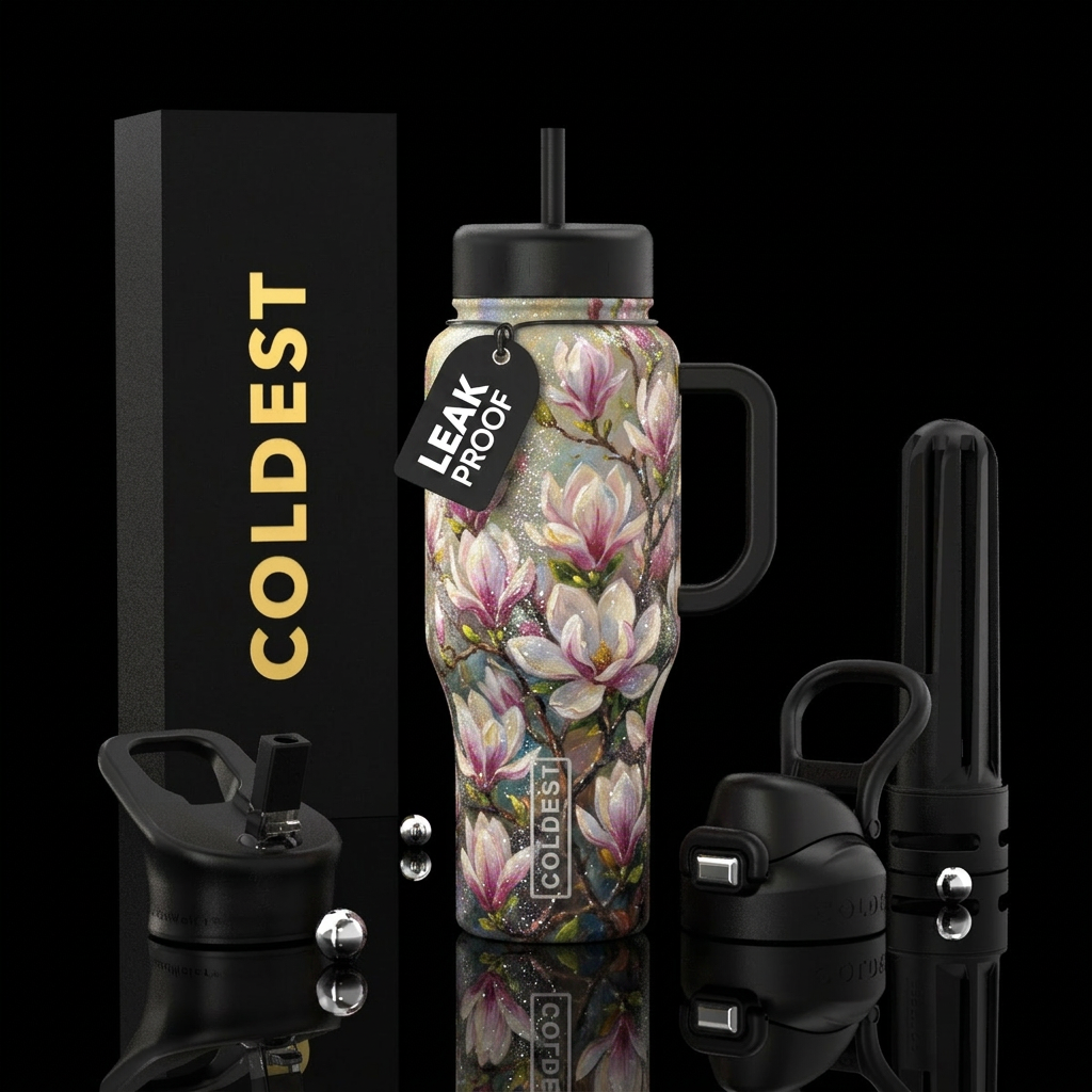 magnolia trees with magnolia flowers blooming,, sp... water bottle design