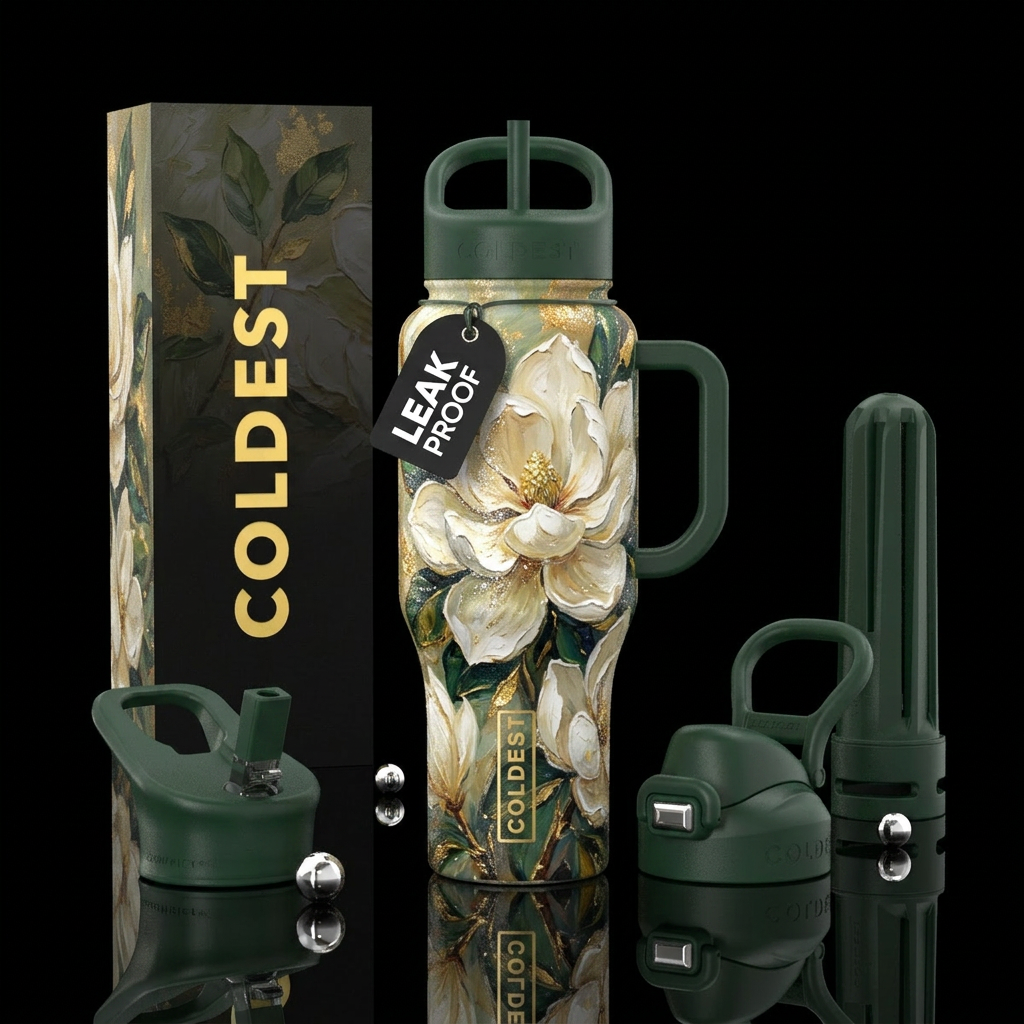 White magnolia flower blooming, sparkly, oil paint... water bottle design