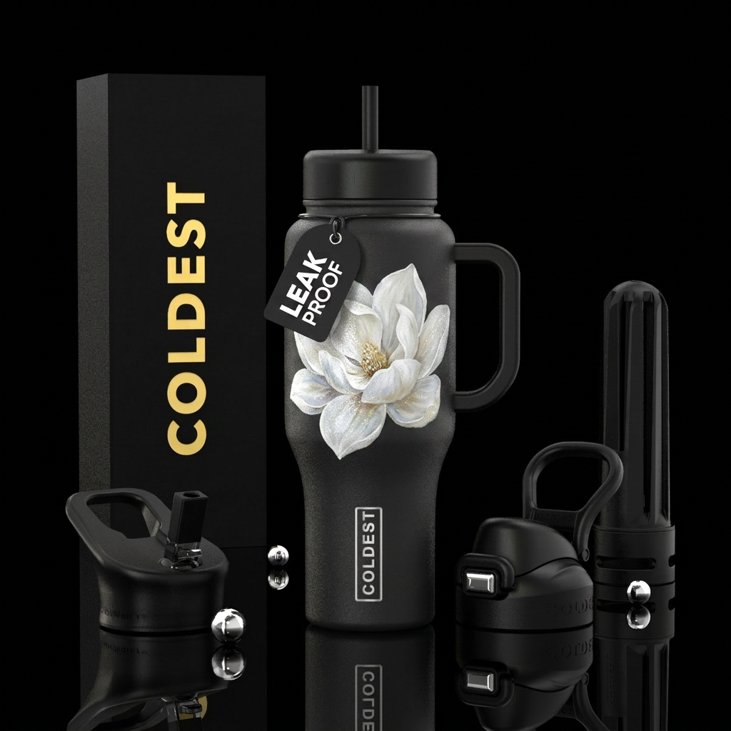 White magnolia flower blooming, sparkly, oil paint... water bottle design