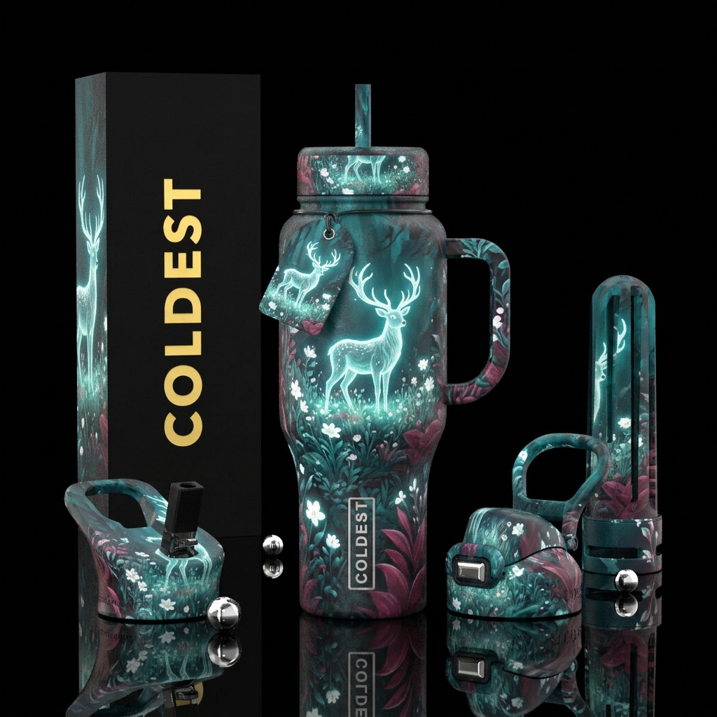 Black bottle, meadow,  white deer, glowie, fantasy water bottle design