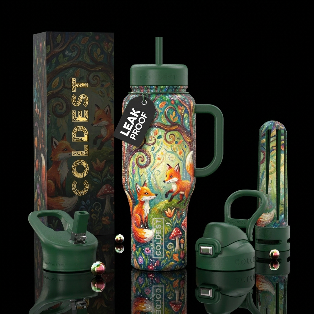 Forest,  foxes,, whimsical,, sparkly, oil painted water bottle design