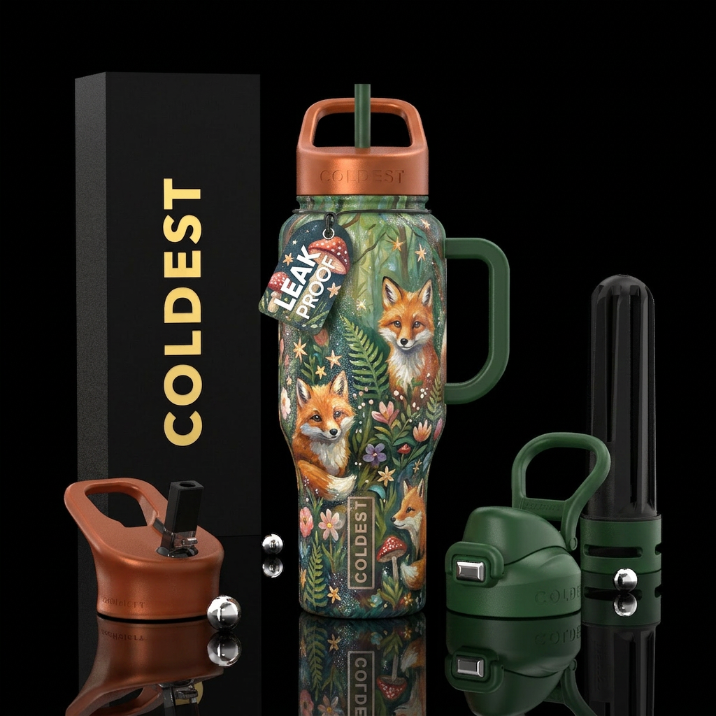 Forest,  foxes,, whimsical,, sparkly, oil painted water bottle design