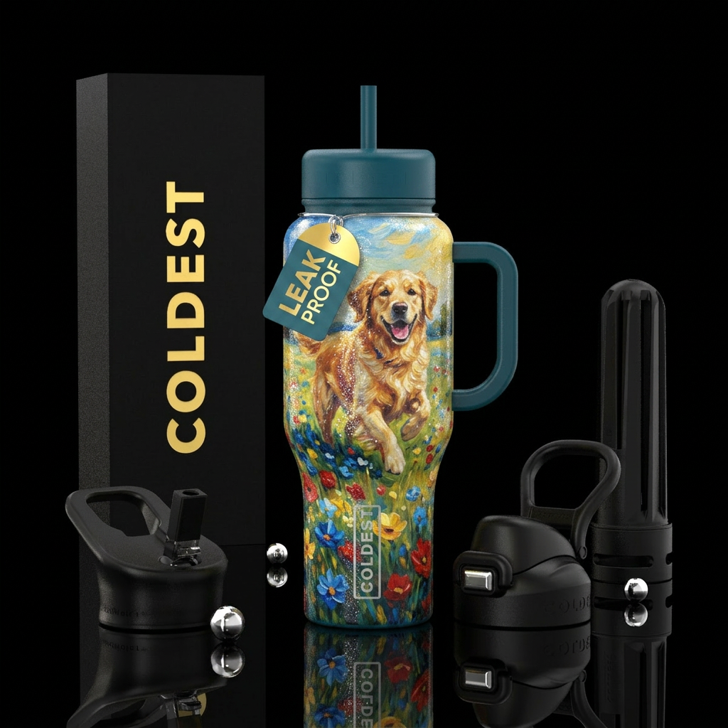 Dog playing trough a field of flowers, sparkly,  b... water bottle design