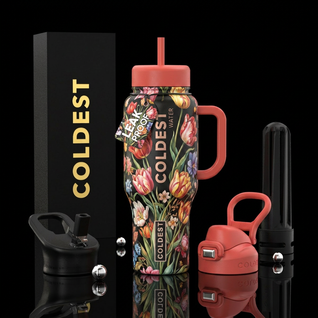 A combination of tulips and flowers and stems with... water bottle design